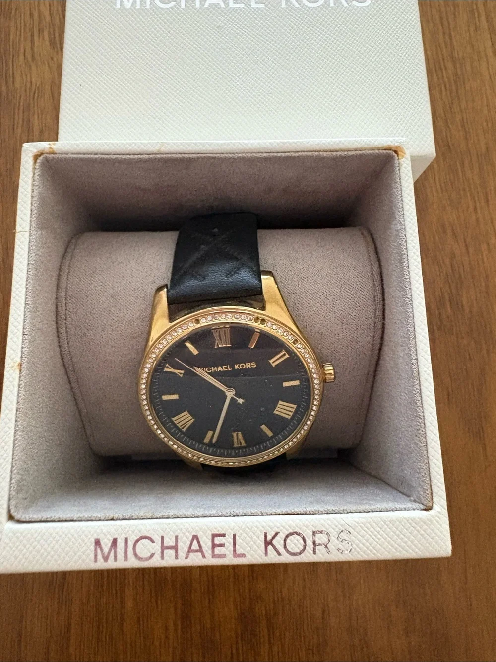Michael Kors Gold-Tone Case with Black Dial and Black Leather Strap